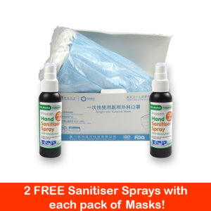 IIR Type 2R 3 Ply Medical Grade Personal face Masks - 50 Masks Plus FREE 2 x 100ml Hand Sanitiser Spray