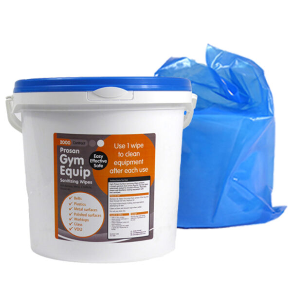 Gym Equipment Wipes from Prosan. 2000 sheet Refill pack of 15x20cm wipes. Kill all food poisoning bacteria, moulds, fungi, MRSA & C Dificile. Suits buckets and wall mounted dispenser system.