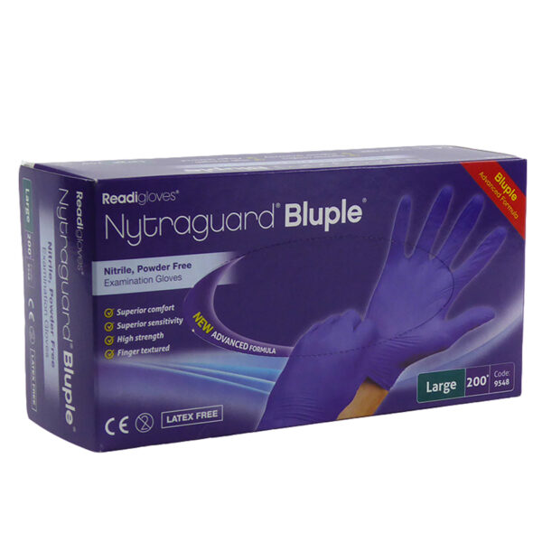Blue Gloves from Nitraguard. Medical & Food Grade Blue Gloves - 200 PACK in medium and large sizes. Packs of 200 gloves, shipping case of 2000 gloves (10 x 200)