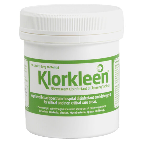 Klorkleen Detergent Chlorine Sanitiser Tablets are the equivalent of actichlor plus & chlor clean. A low foaming detergent chlorine tablet for one stage cleaning in critical and non critical areas in Medical, Laboratory & Food Areas.
