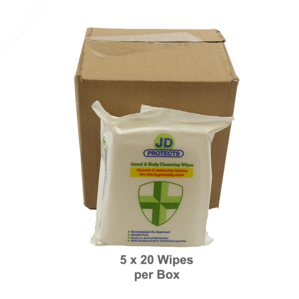 PN312 x 5 Pack of 20 hand & Body Sanitising Wipes Outer showing 1 pack