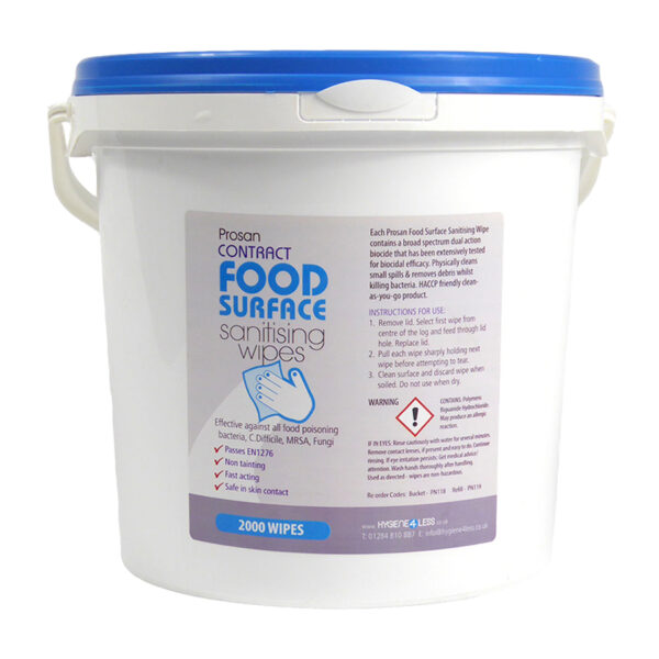PN118 2000 Sheet Contract Food Wipe Bucket. Each (15 x 20cm) wipe is 100% polypropylene impregnated with a dual action biocide.