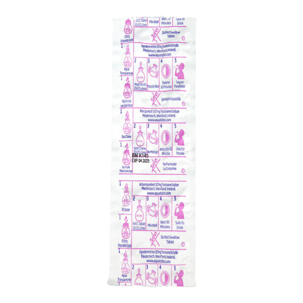 Water Purification Tablets from Aquatab. 167mg strength treats 20-25 Litres water. Packed 10 tablets per paper tearable strip.