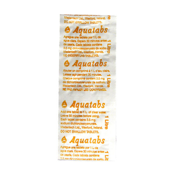 Emergency Water Treatment Tablets from Aquatabs. 3.5mg NaDCC treats up to 1 L in Low Risk areas.