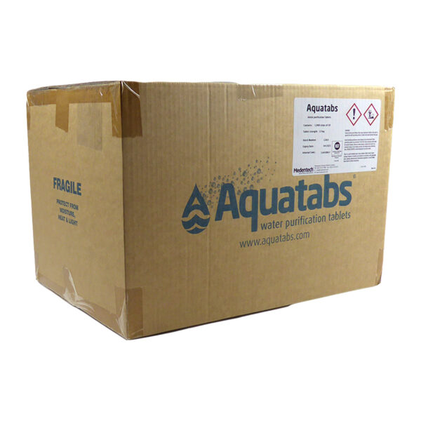 Emergency Water Treatment Tablets from Aquatabs. 3.5mg NaDCC treats up to 1 L in Low Risk areas. Bulk Case of 5,000 strips.