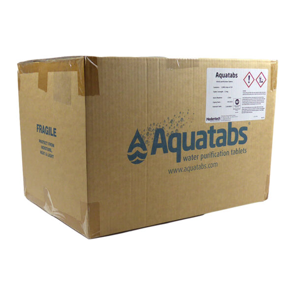 Water Purification Tablets from Aquatab. Bulk Carton Contains 1,400 Strips (14,000 tablets).