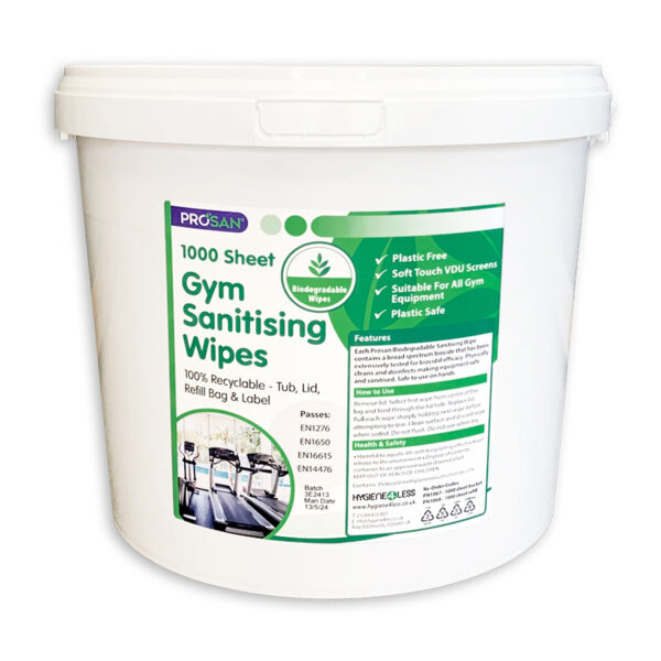 Biodegradable Gym & Hand Sanitising Wipes for use in all gyms, fitness suites, leisure centres and home. Equipment Safe.